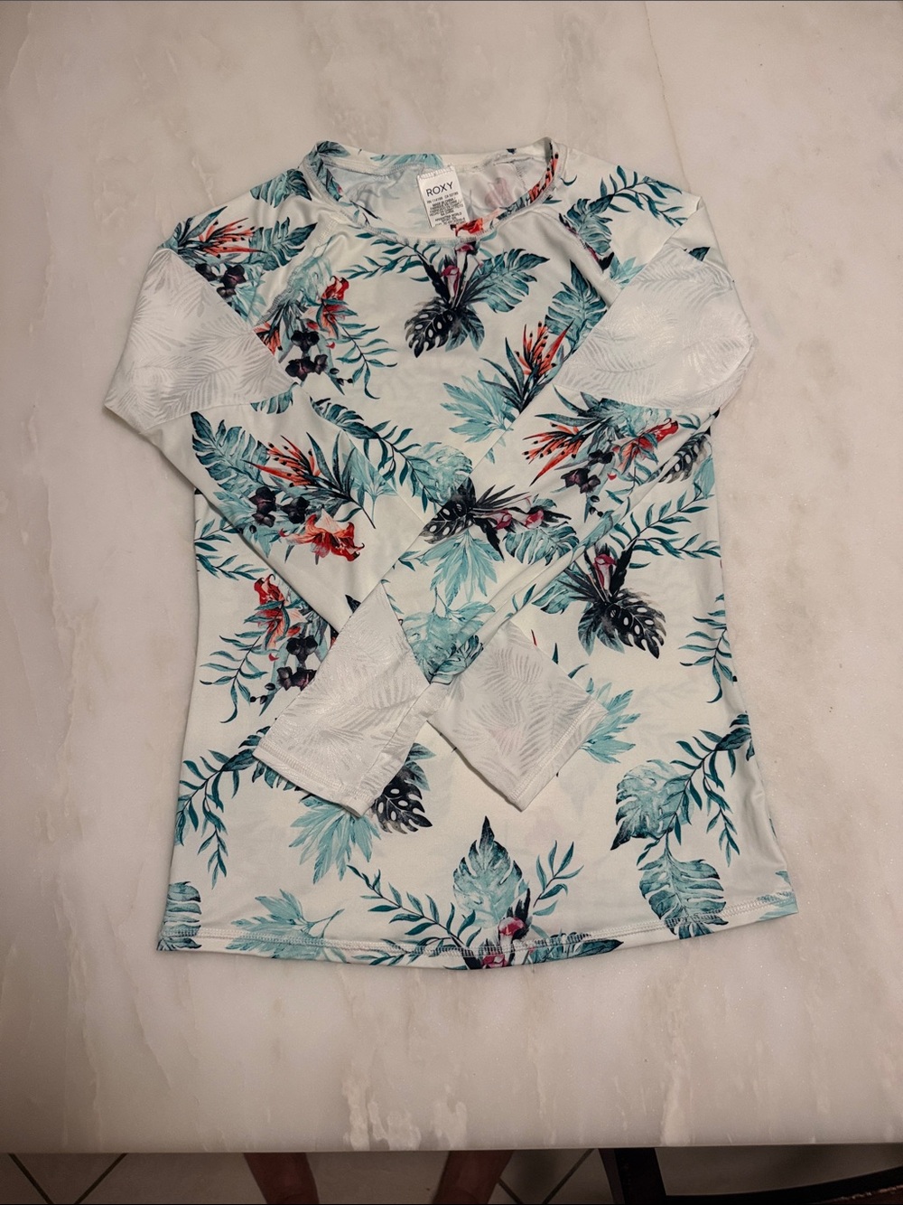 Roxy Girls' White Tropical Leaf Long Sleeve Tee with Teal & Coral Accents